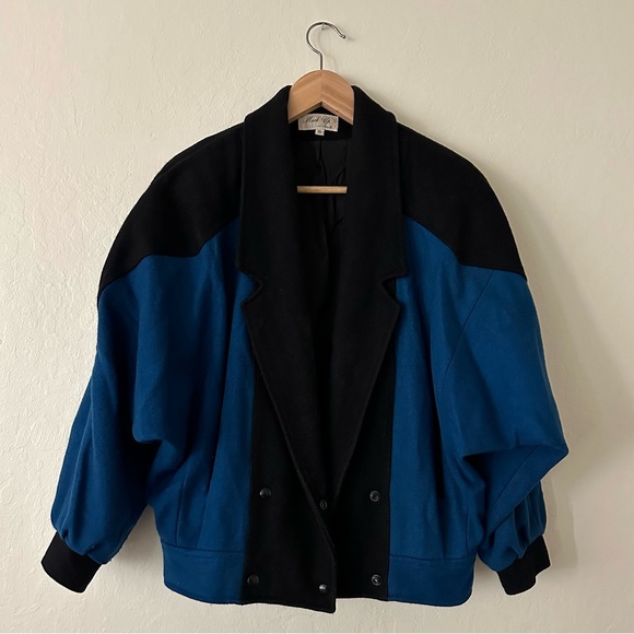 Vintage 80s blue & black cropped wool coat women’s small - Picture 2 of 5